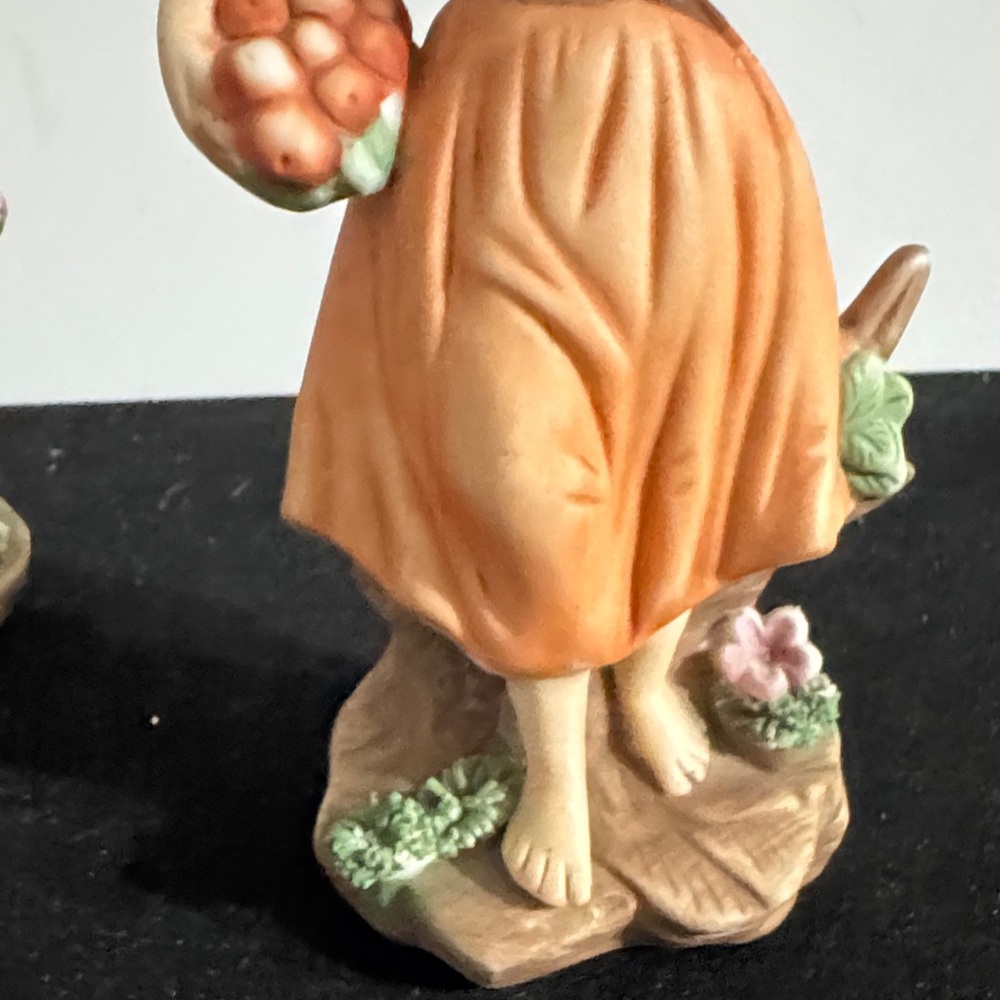 vintage hand-painted porcelain figurines of a boy and girl carrying baskets. - Picture 11 of 16